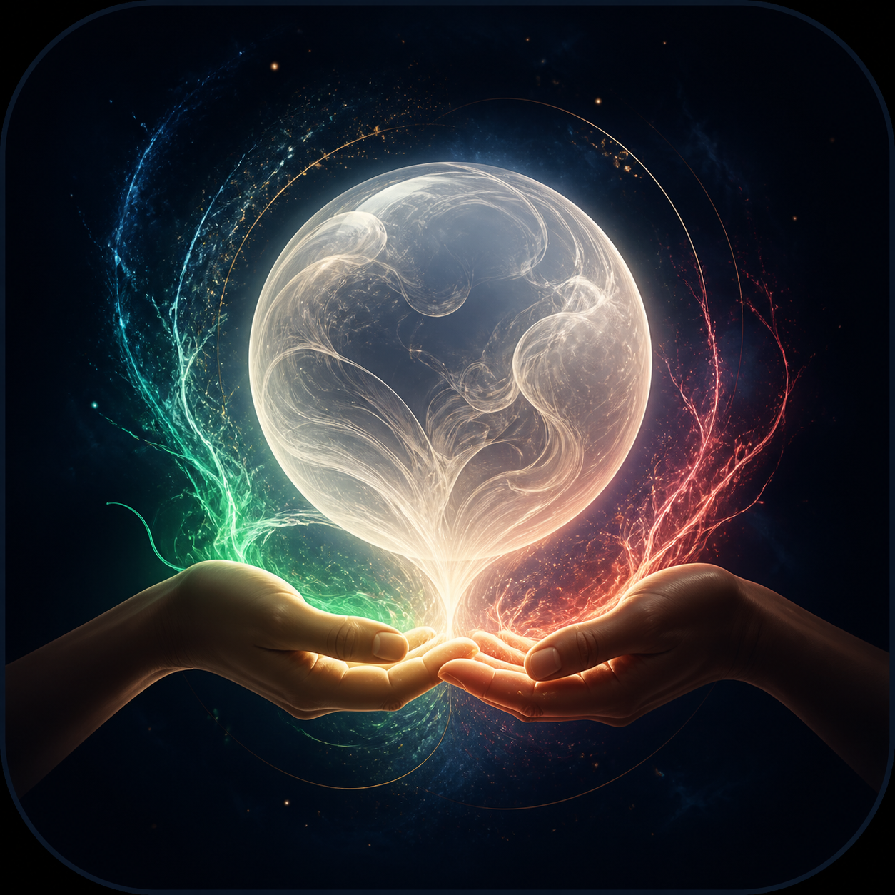 Two hands joined beneath white energy with fine green and red sparks
