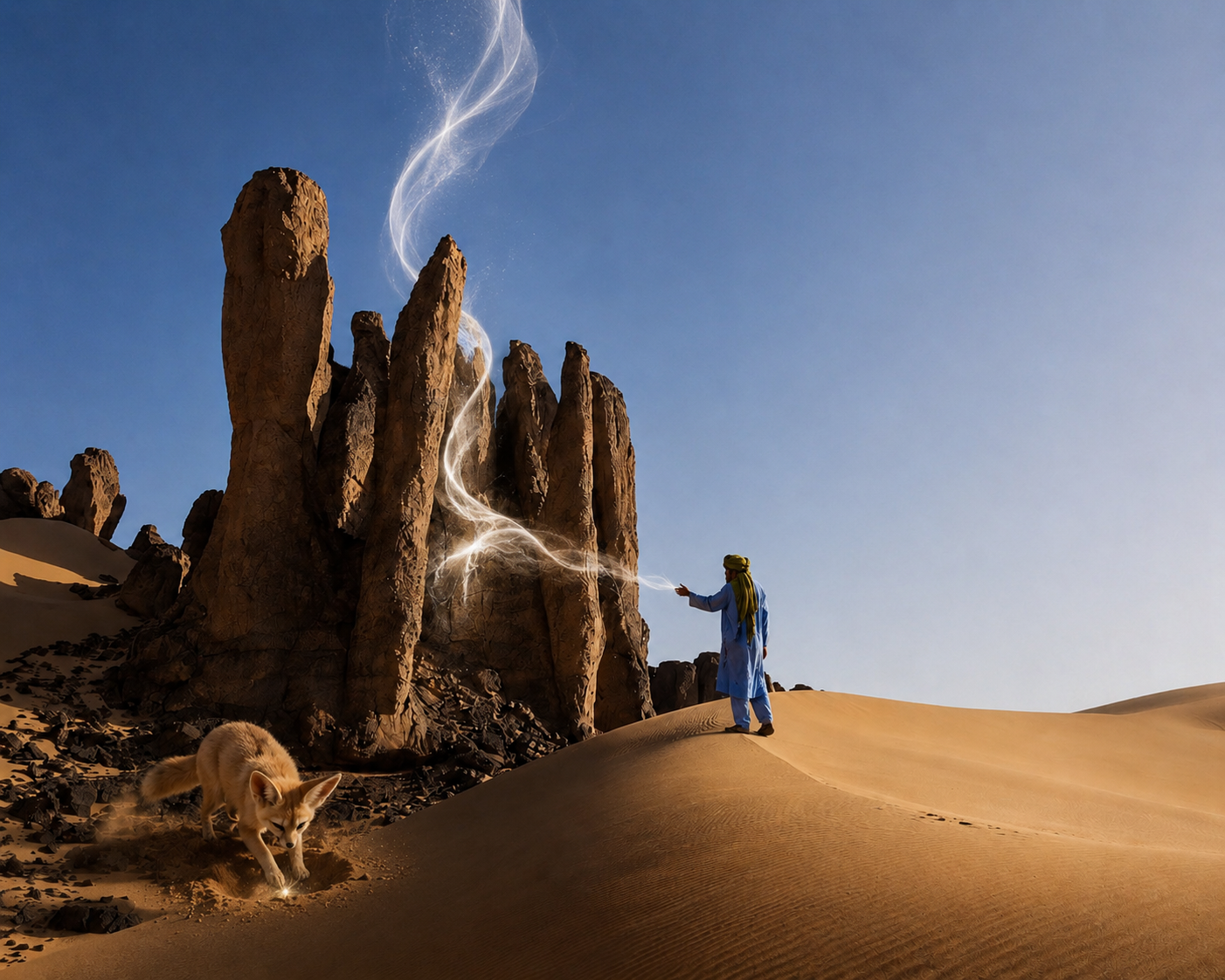 Scène narrative PlanetDupe dans le Hoggar : un voyageur face aux colonnes rocheuses, un voile blanc du Souffle et Dupsy, le fennec, qui creuse le sable.