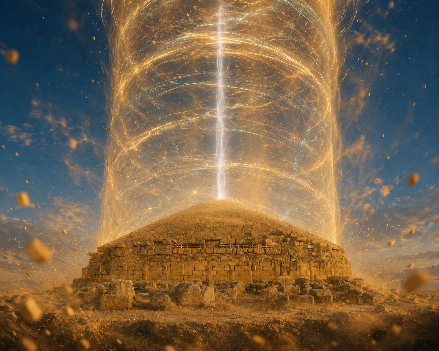 Interprétation narrative inspirée du Medracen : une structure de pierre sous un vortex minéral doré et turquoise, traversé d’une colonne blanche du Souffle.