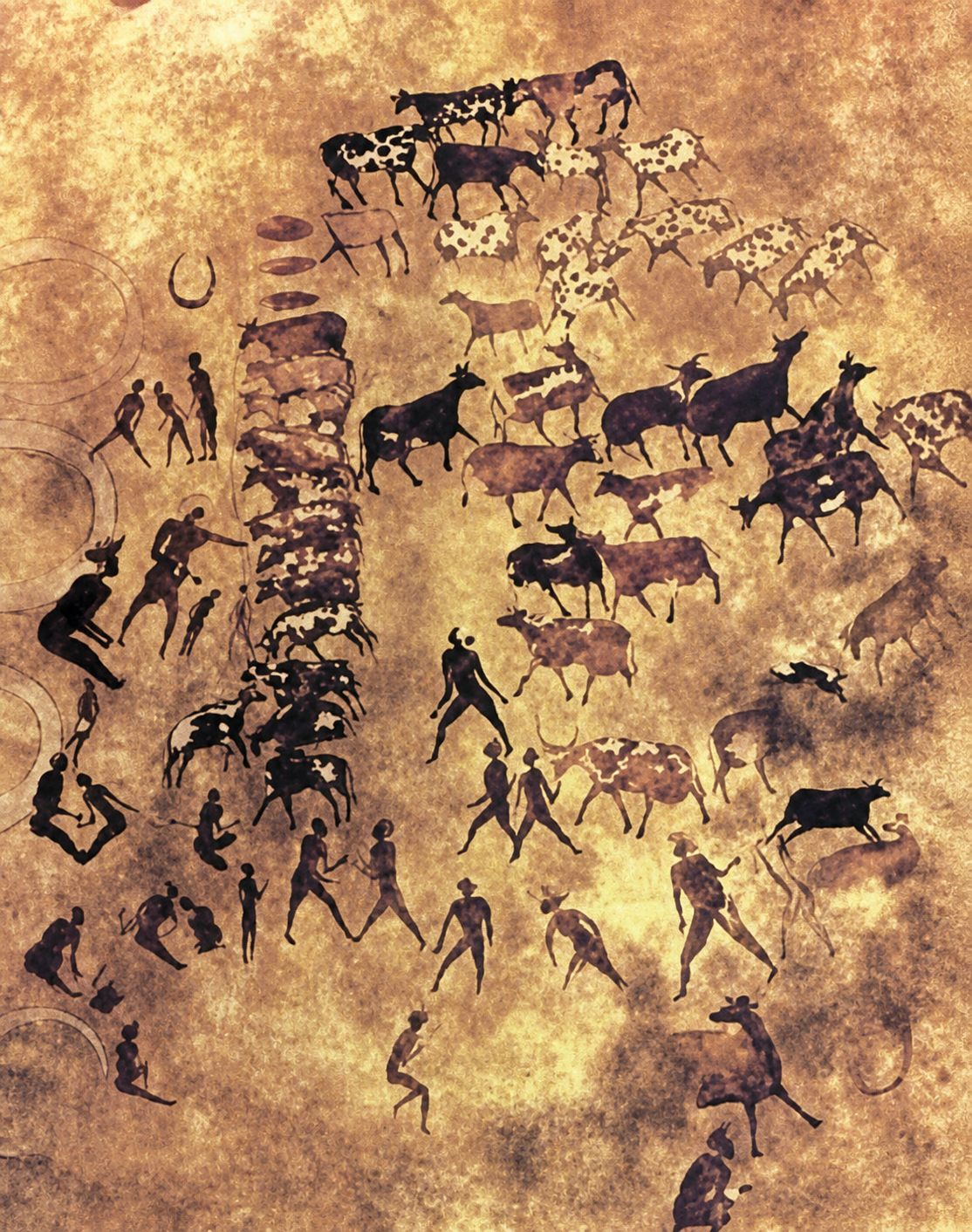 Visuel de gravures représentant des figures humaines et animales, présenté sans effet ajouté dans la section Tassili.